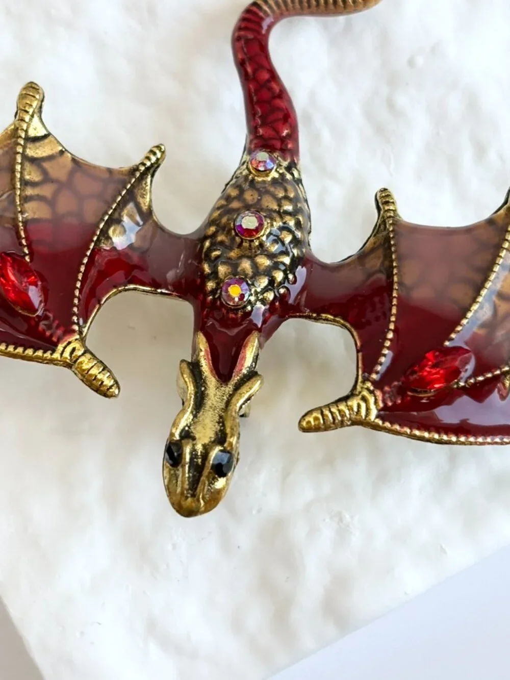 Flying Dragon Figural Red Winged Enameled Rhinestone Ornate Textured Brooch Pin